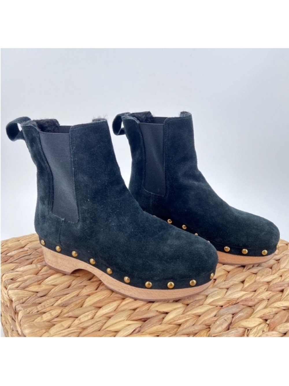J. Crew Suede Ankle Boots Women’s 6 Black Studded Clog Heel Chelsea Booties
